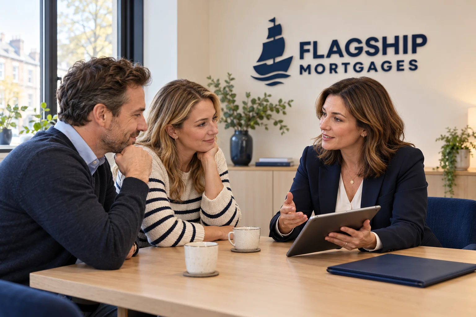 Illustrative mortgage consultation with Flagship Mortgages branding