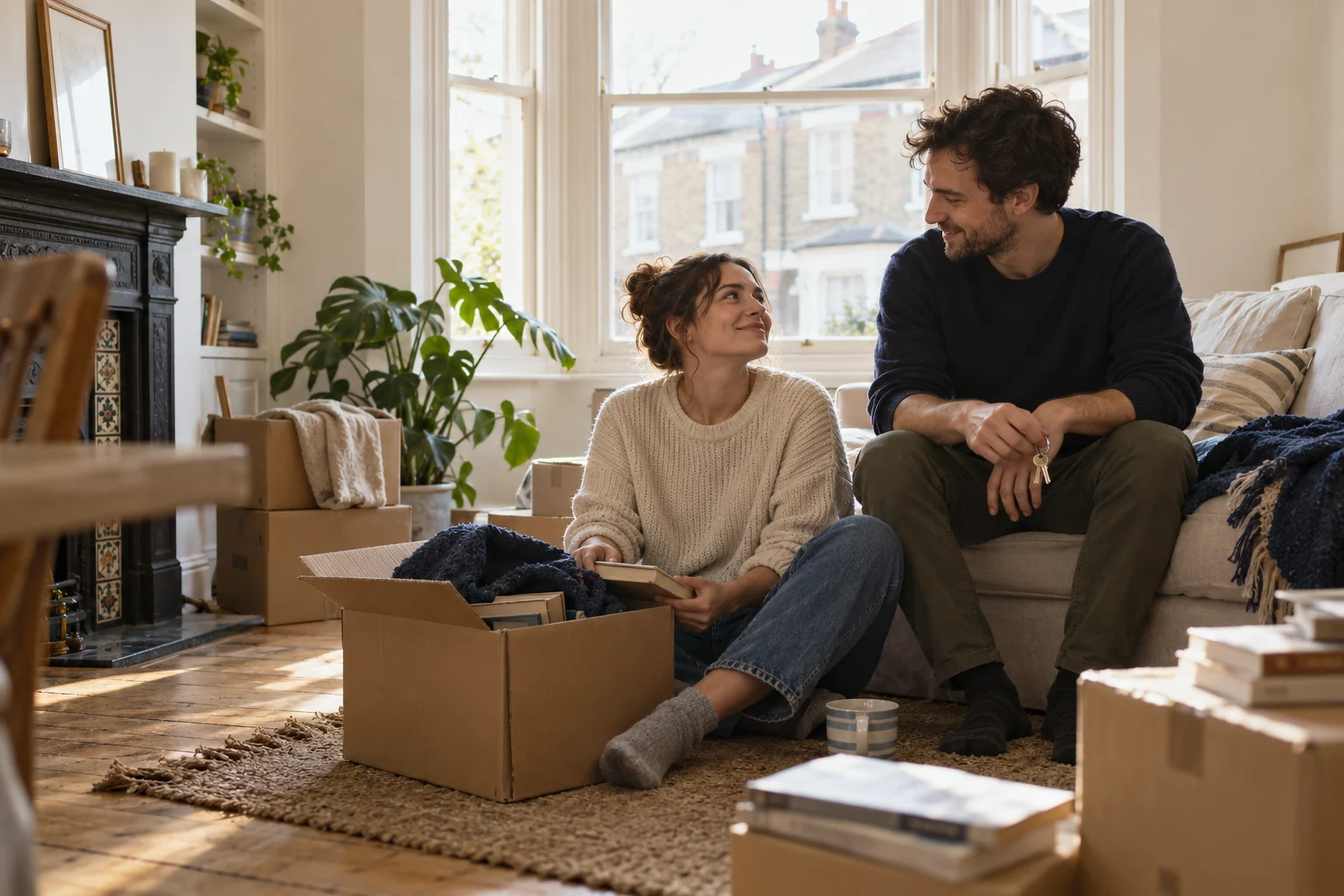 Couple unpacking in their first home