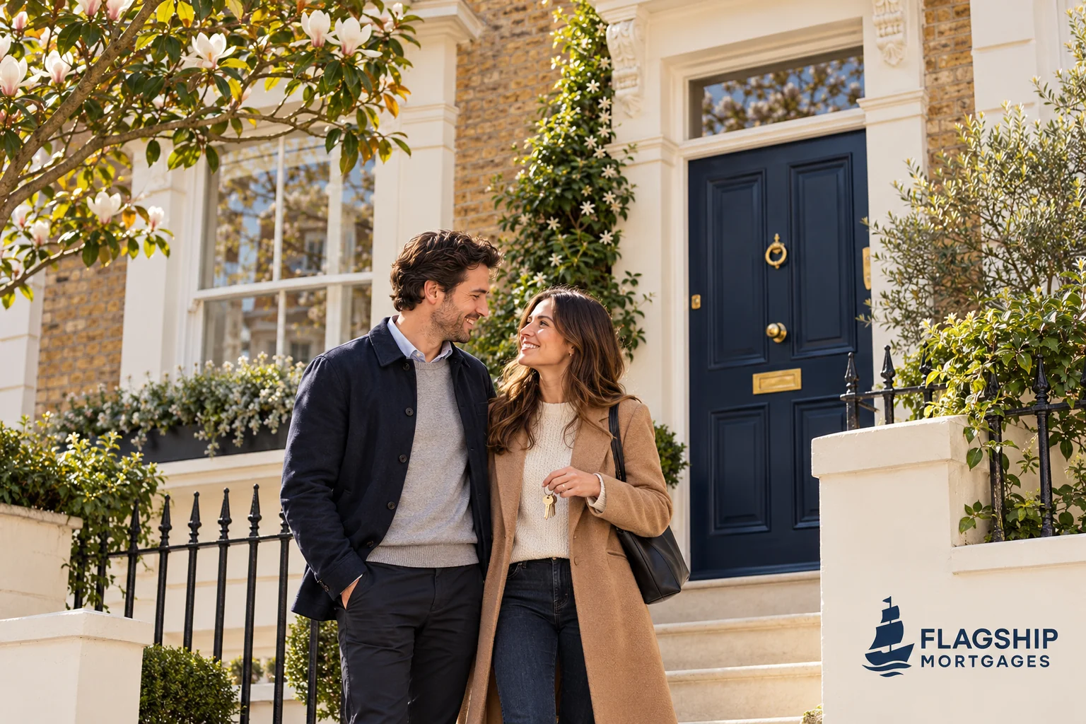 Couple outside a British home with Flagship Mortgages branding