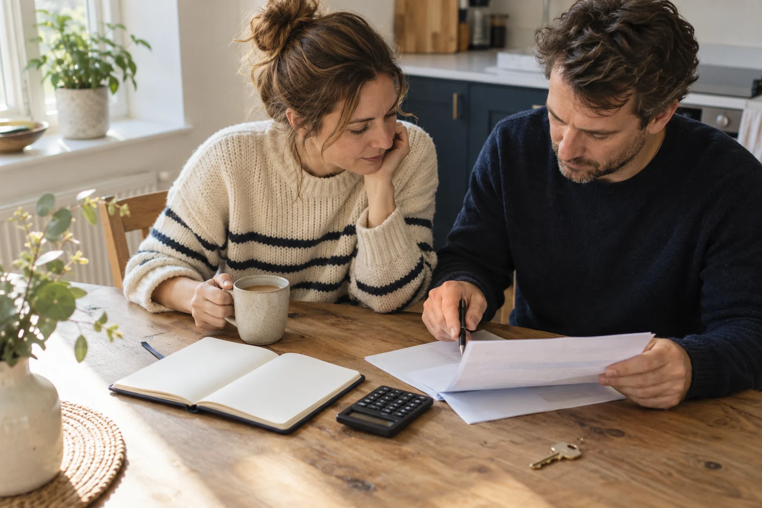 Couple reviewing paperwork and planning their budget