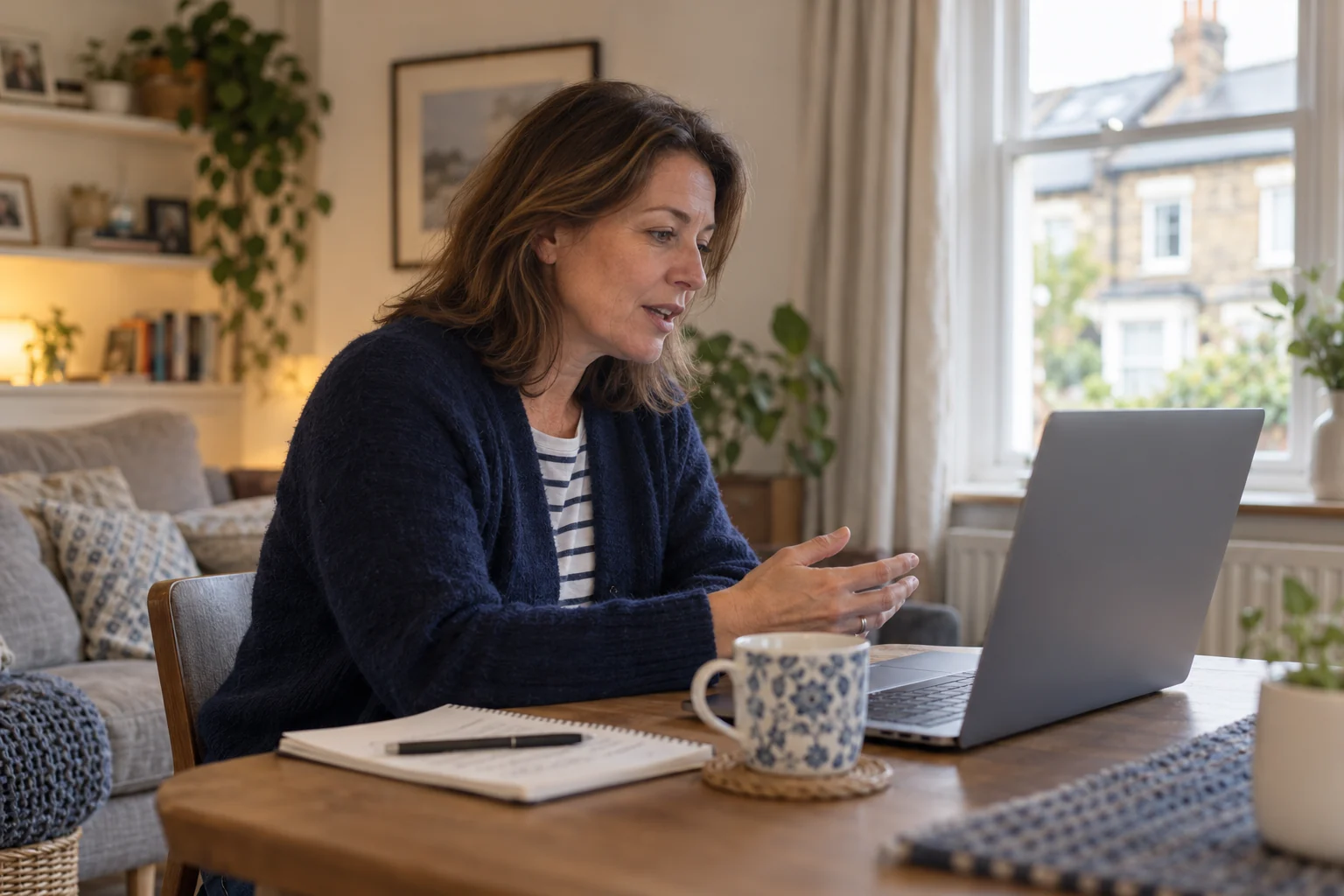 Woman speaking during a remote appointment from home